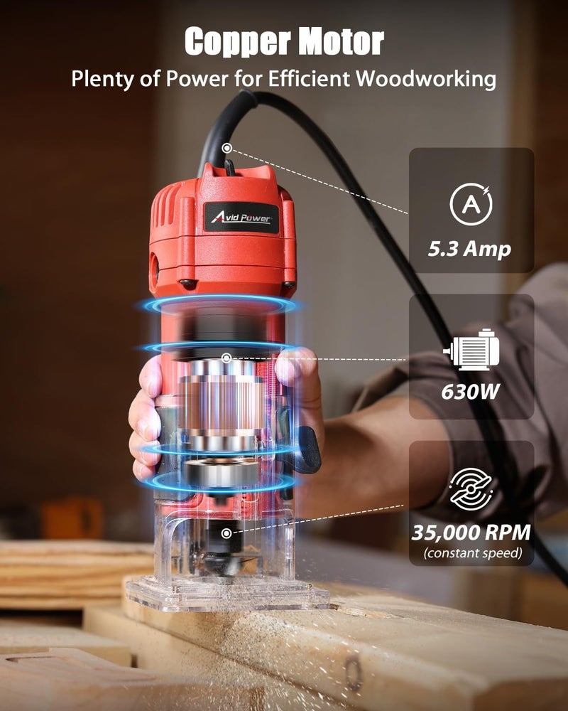 AVID POWER 630W 5.3 Amp Wood Router Tool with Fixed Base Compact Router for Woodworking, 35,000 RPM, 1/4” collet & 5 Trim Bits, Straight & Roller Guide, 2 Wrenches and Carbon Brushes - Image 2